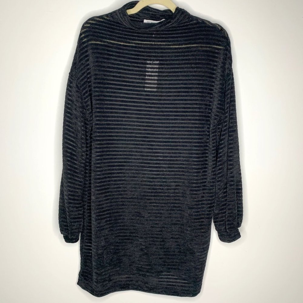 NWT BCBGENERATION Black Knit Striped Velour Mock Neck Balloon‎ Sleeve Tunic Sz M